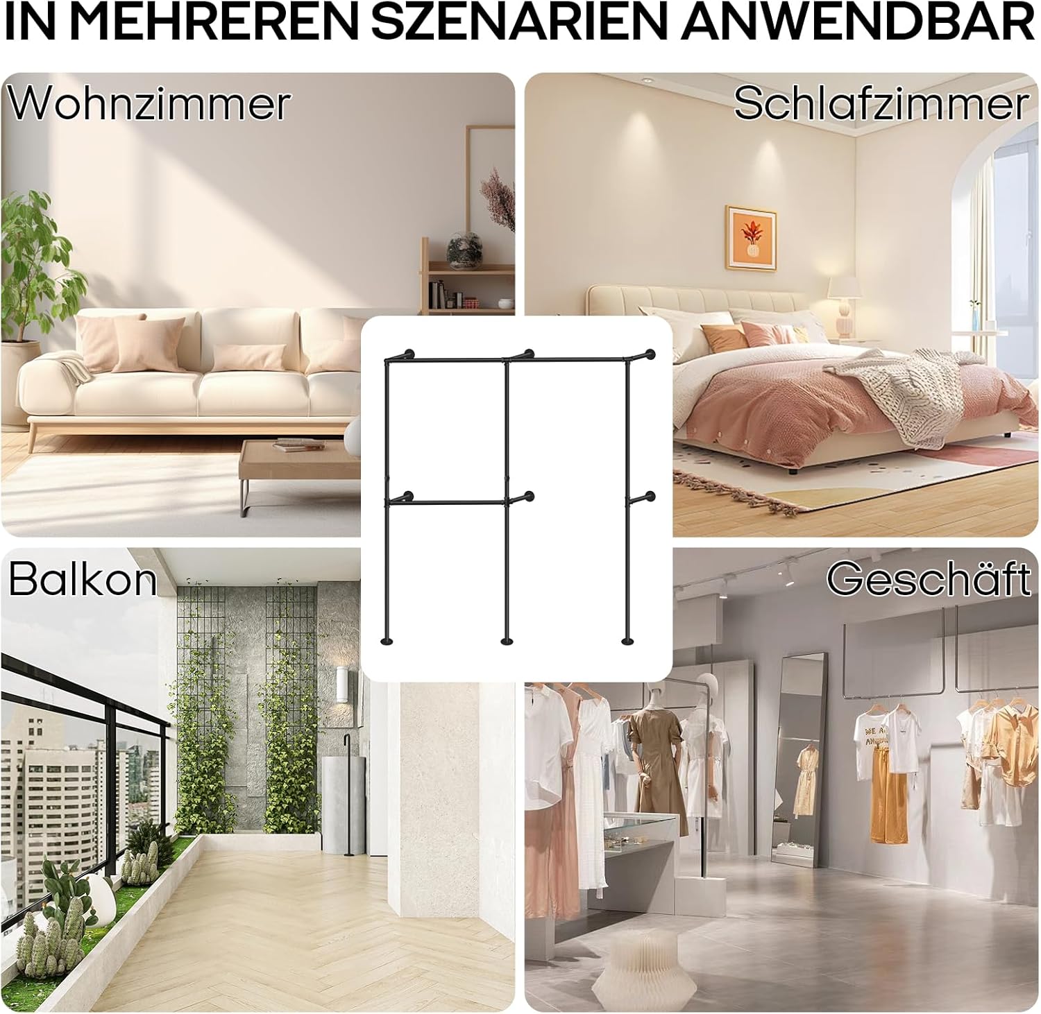 Offener Kleiderstange Wandmontage 300kg Traglast, Begehbarer Kleiderschrank mit 3 Kleiderstangen, 210cm x 180cm Industrial Kleiderschrank oder Kleiderständer Schwarz aus Metall Wasserrohren