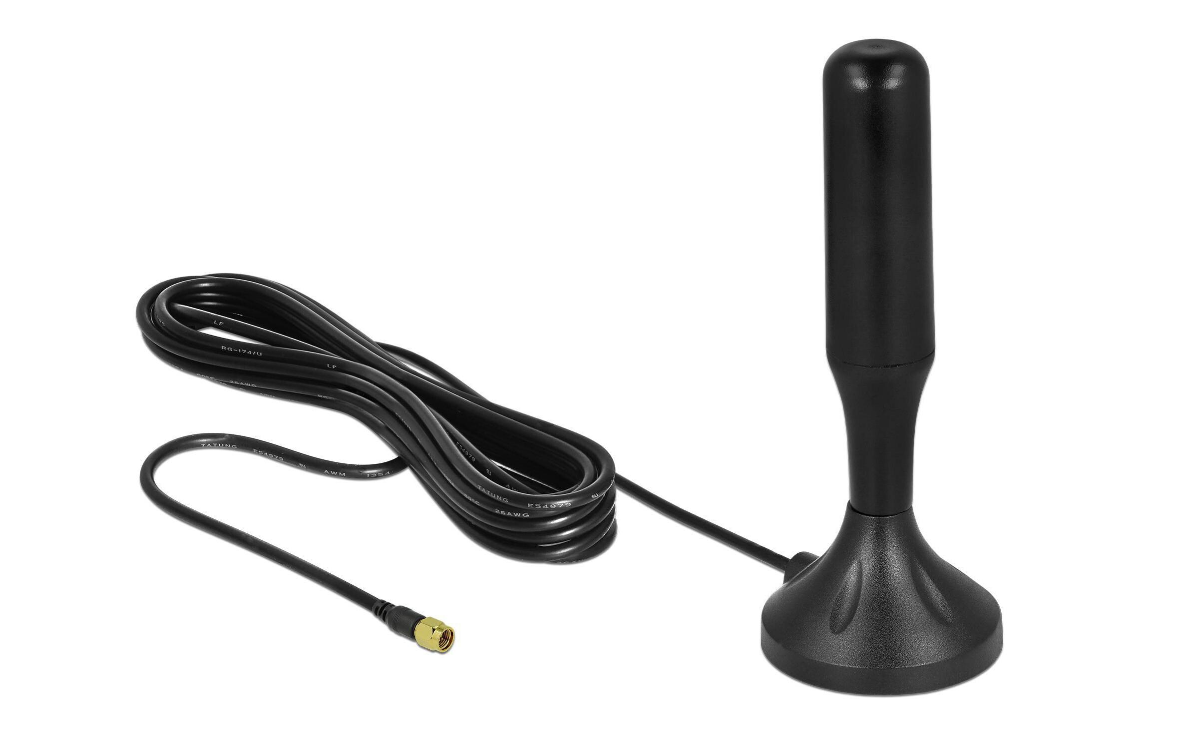 LTE-Antenne SMA, Outdoor SMA 5 dBi RundstrahlDelock LTE Antenne SMA Stecker 1 - 2 dBi starr omnidirektional mit magnetischem Standfuss und Anschlusskabel RG-174 A/U 3 m outdoor schwarz