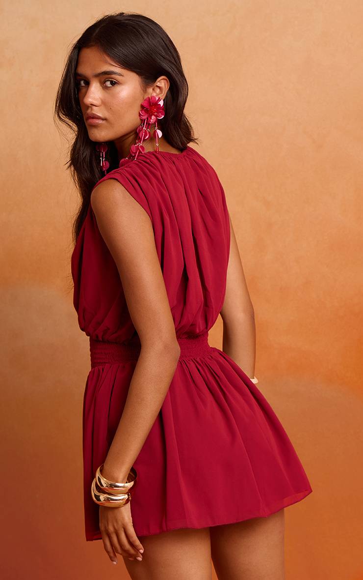 Rouge Profond Robe Mini Froncée En Mousseline