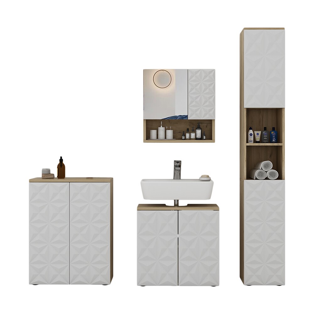 Vicco Badmöbel-Set Badezimmer-Möbel Bad-Schrank Edge Eiche Weiß modern Badezimmerschrank Waschbeckenunterschrank Spiegelschrank Hochschrank Badezimmerkommode