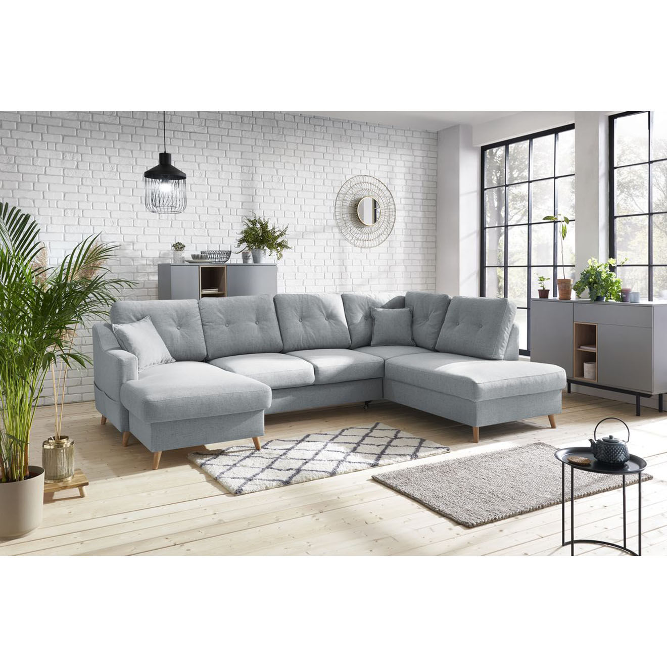 Bobochic Canapé d'angle panoramique convertible gauche Sweden gris clair - 300x149/90/198x95 cm
