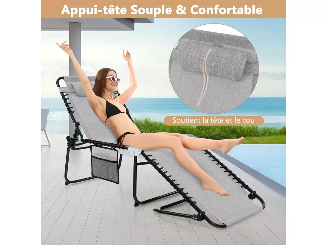 Chaise Longue Pliante avec Appuie-tête Amovible Dossier Réglable à 4 Positions Acier Antirouille pour CamBoisg Terrasse, Bleu