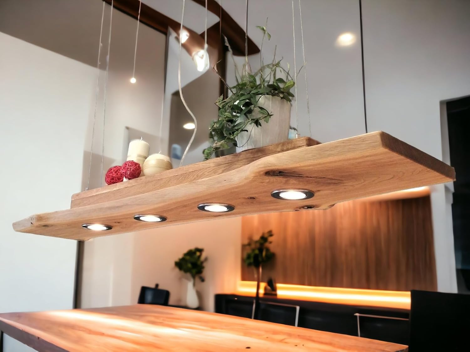 TESSA LED Esstischlampe Pendelleuchte Unikat Wildeiche Holz Hängelampe mit Baumkante Hängeleuchte Dimmbar ohne Dimmer Led Austauschbar Eiche geölt Massiv mit Baumkante (50 cm/2 Spots)
