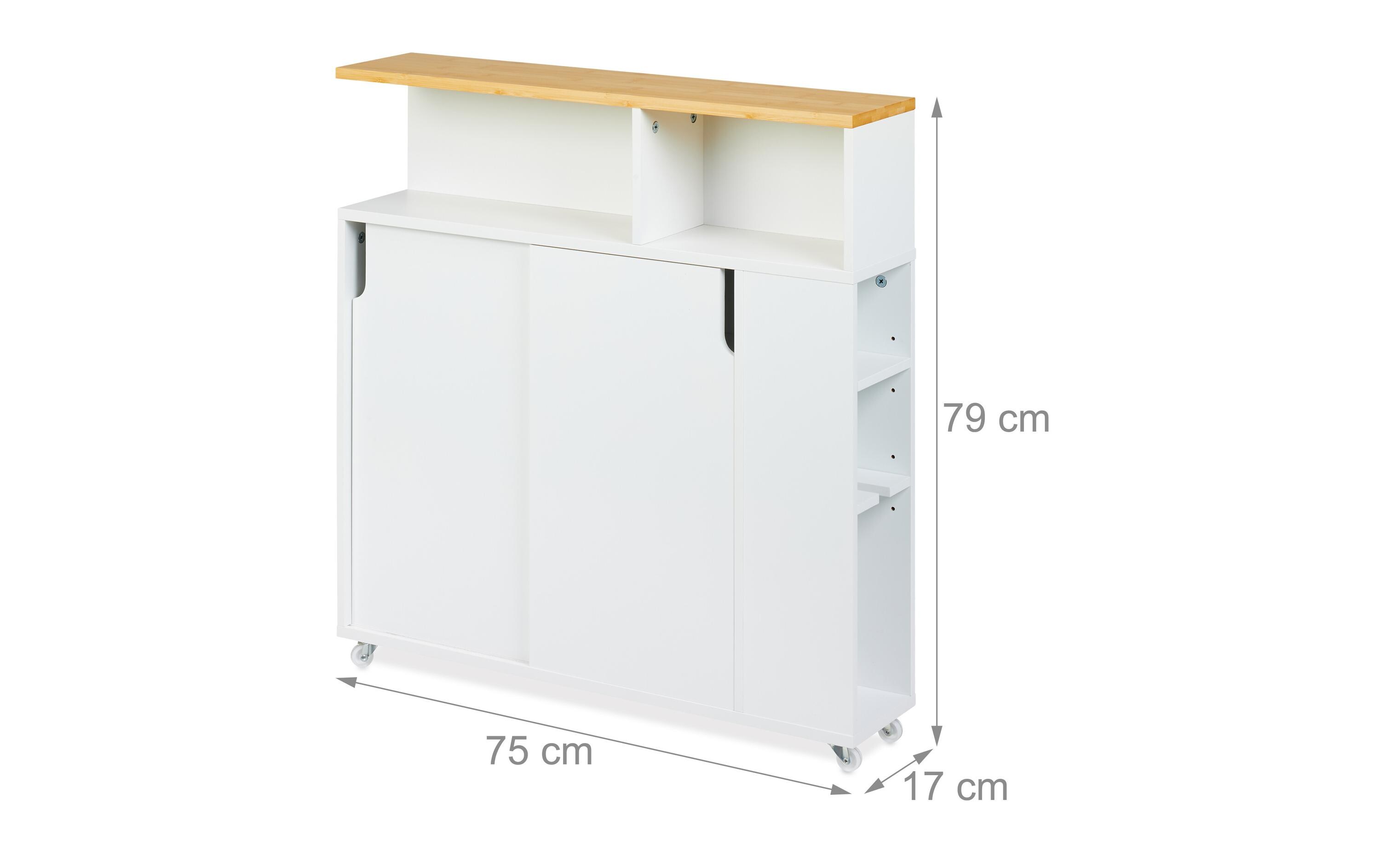 Nischenwagen mit Ablage Weiss, 79 x 17 x 75 cmSchmales Nischenregal mit Rollen