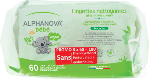 Alphanova Bébé Lingettes Nettoyantes À L'Huile D'Olive Sans Parfum Promo Pack 3x60 Pièces