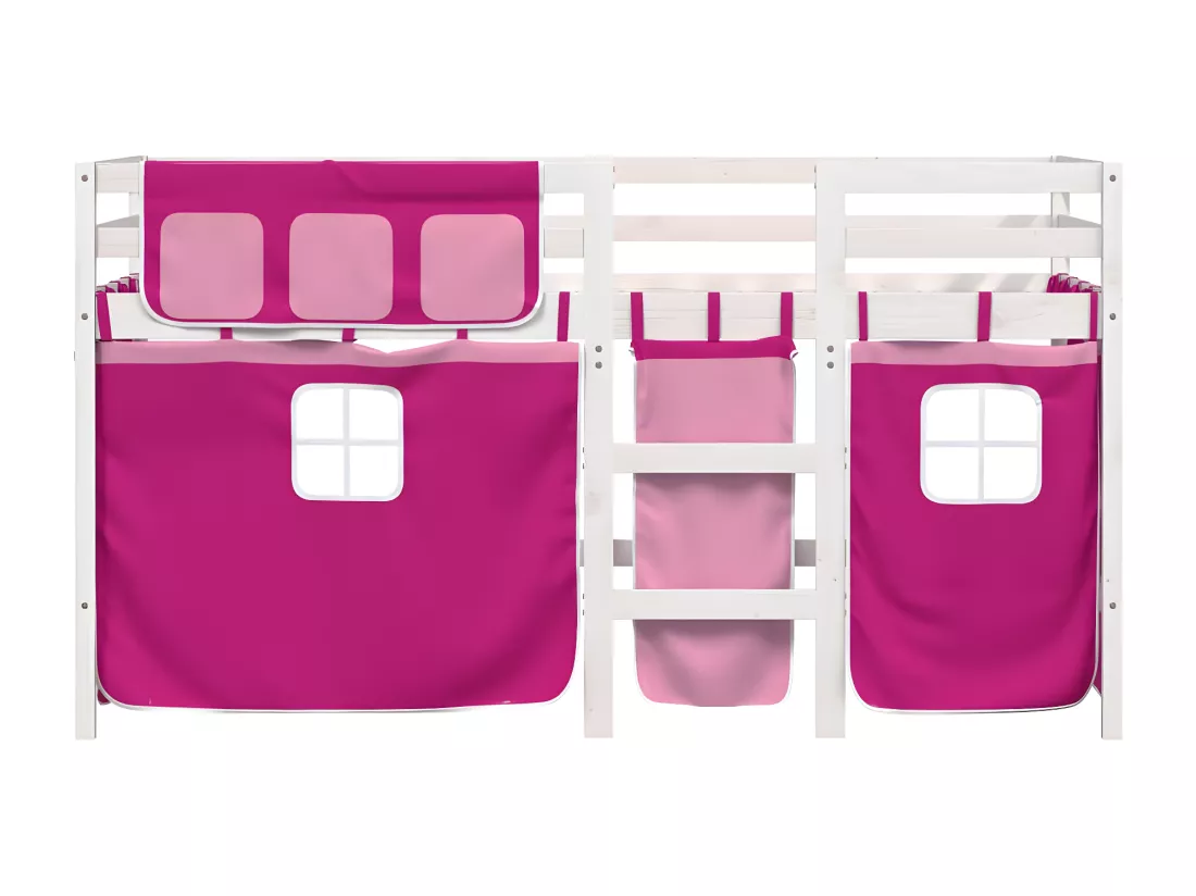 Lit mezzanine enfants et rideaux rose 90x200cm bois pin massif