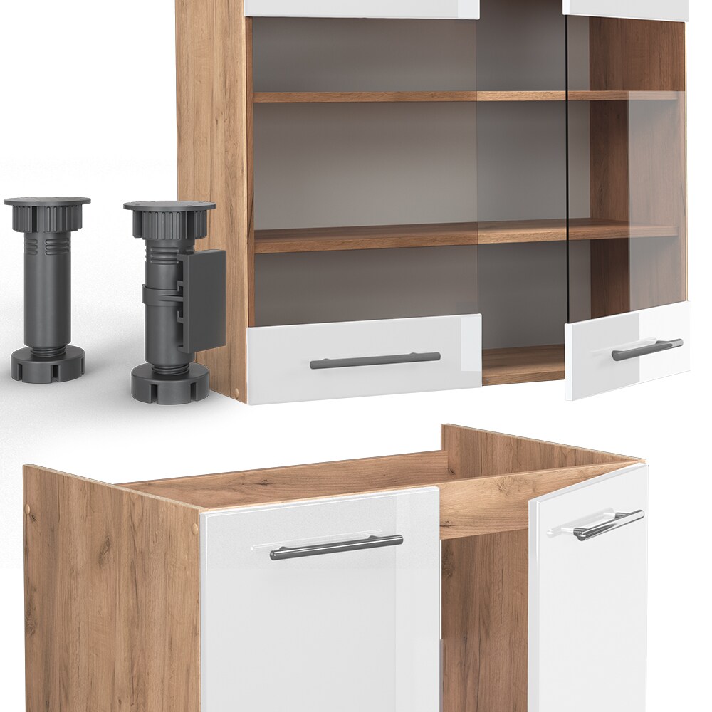Vicco Küchenzeile Küchenblock Einbauküche Fame-Line Eiche Weiß 240 cm modern Küchen Schränke Spülenunterschrank Schubunterschrank Hängeschrank Hängeglasschrank Hochglanz