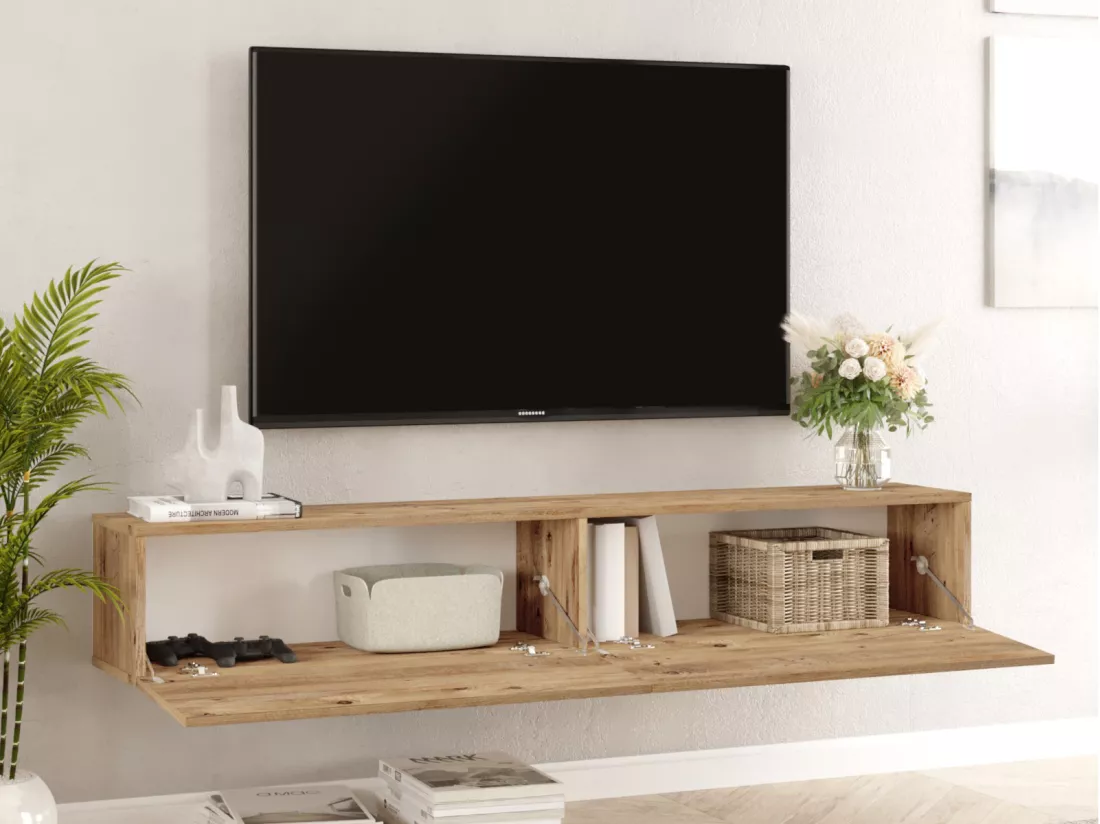 Meuble TV suspendu avec 2 portes - Naturel clair - AUBEPINA