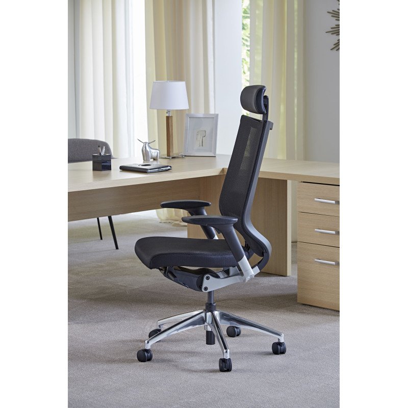 Fauteuil de bureau Fortis tissu et maille - avec accoudoirs, appui-tête, réglage profondeur d’assise et soutien lombaire - Mécanisme Synchrone + réglage profondeur d’assise