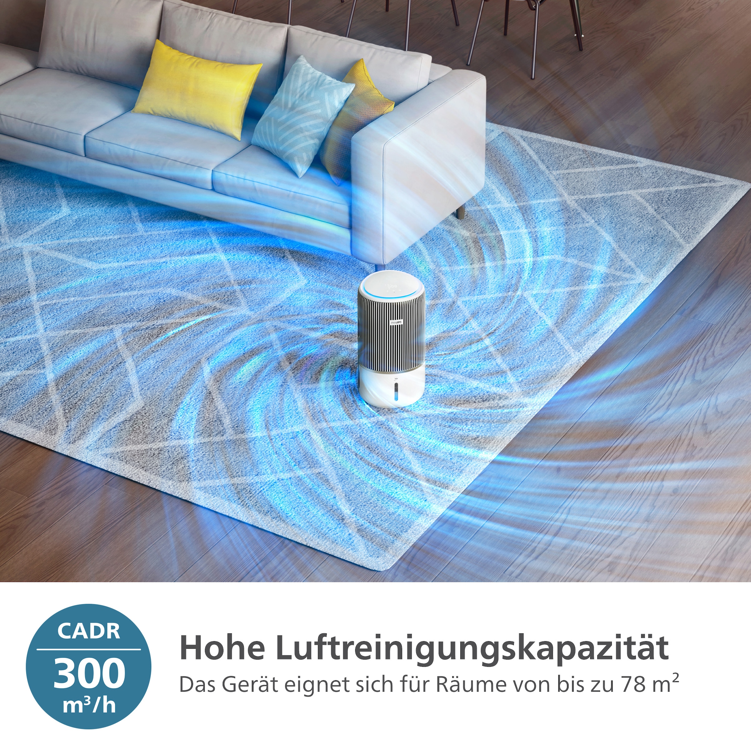 Philips Kombigerät Luftbefeuchter und -reiniger »AC3420/10 PureProtect Water 3400 Series, HEPA- und Aktivkohlefilter« für 78 qm Räume mit 300 m³/h CADR und 650 ml/h Befeuchtungsrate, WLAN, Air+ App