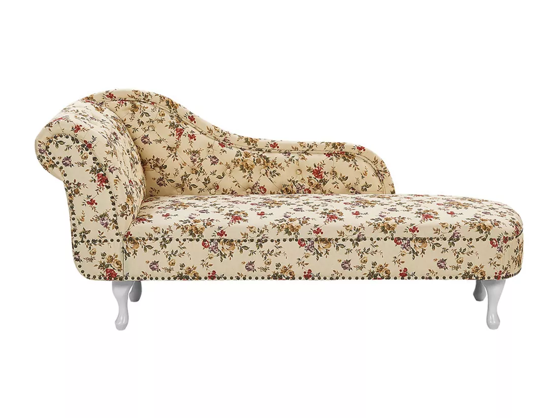 Chaise longue Chesterfield en tissu beige à motif floral côté droite NIMES