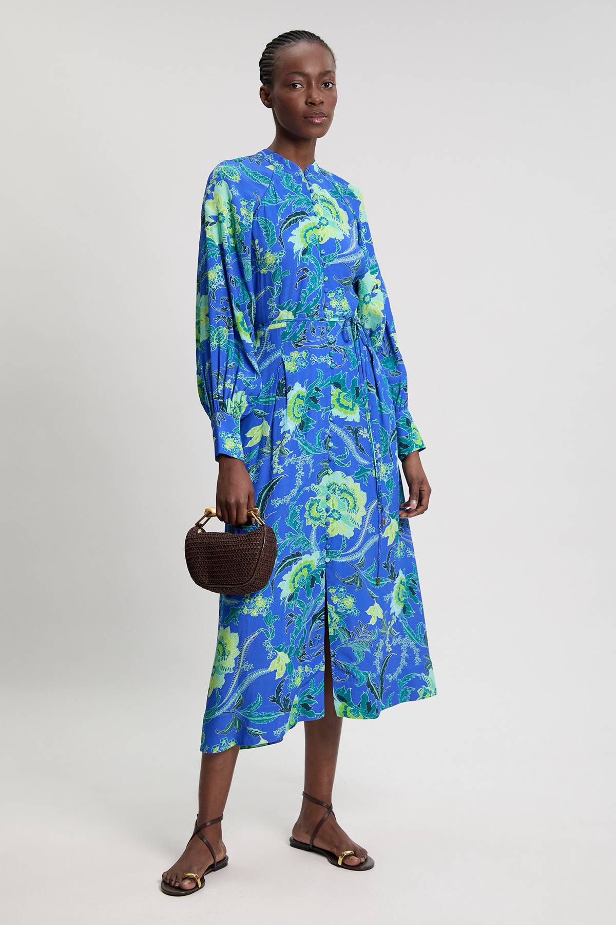 KarenMillen Robe Chemise Midi En Viscose Tissée À Imprimé Floral Cobalt