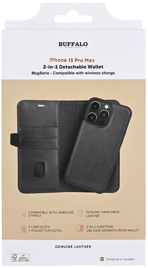 Buffalo iPhone 15 Pro Max 2in1 Leather MagSeries pungetui (sort)