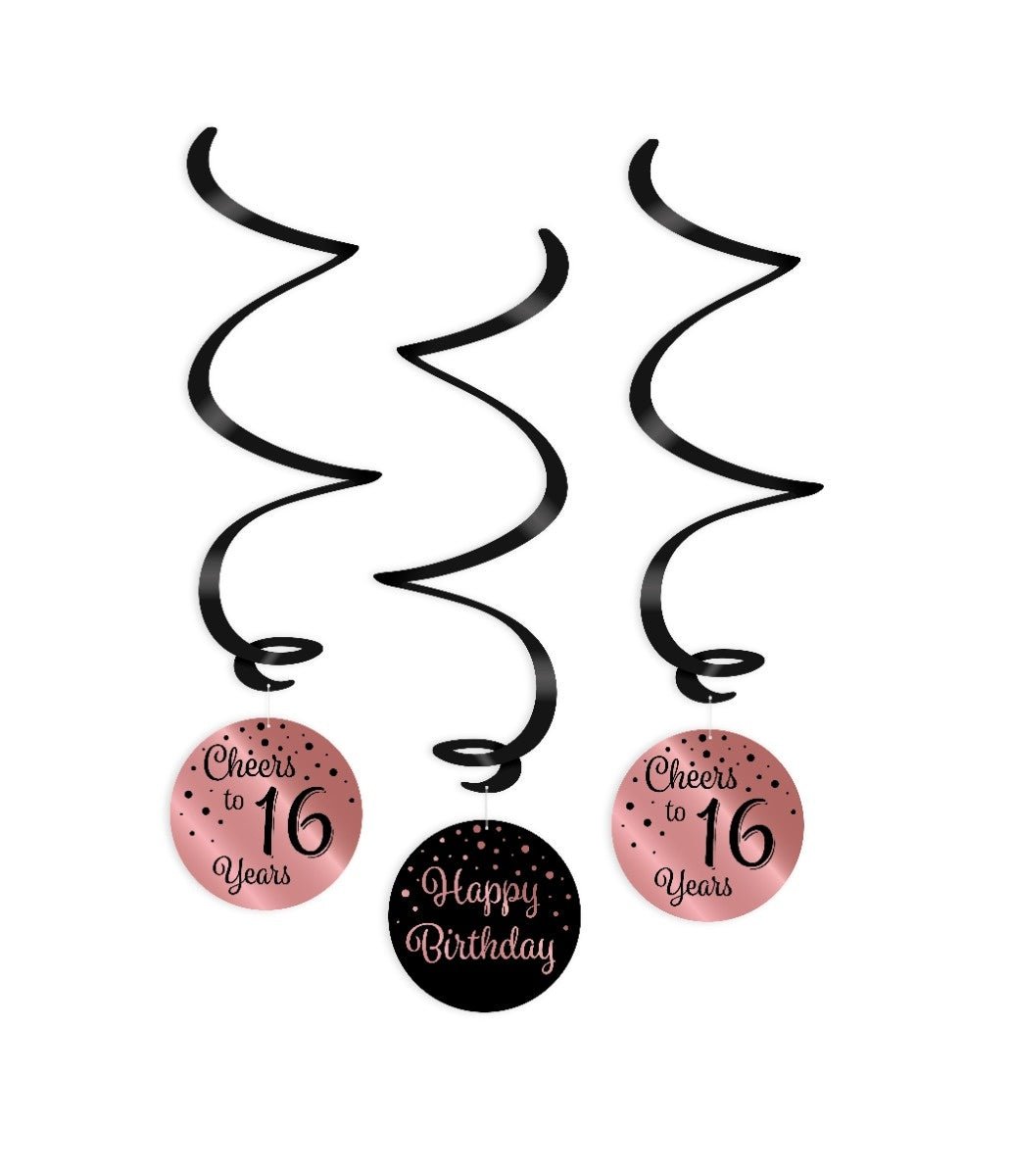 Hangdecoratie 16 Jaar Happy Birthday Zwart Roze 17cm 3st