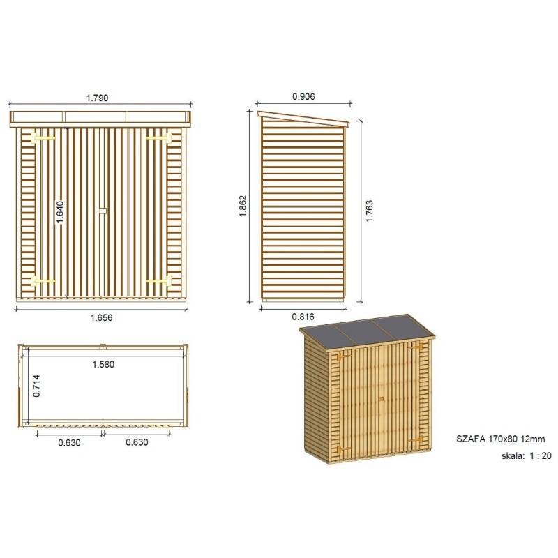 Armoire de jardin à outils 1,66x0,82 m h.1,86 - avec plancher et paroi arrière