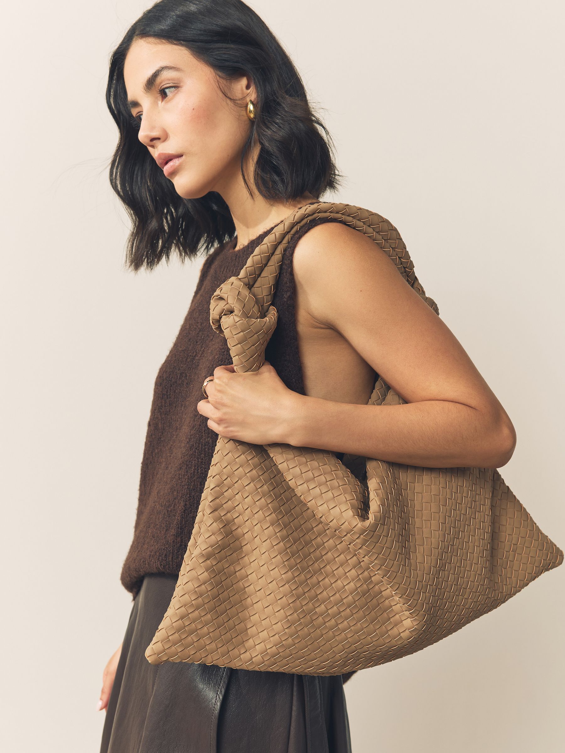 Lichtbruin - Faux Suede Weave Shoulder Bag
