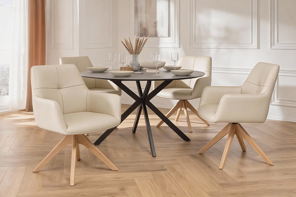 Drehbarer Stuhl ALMARA beige sand Echtleder 360° Taschenfederkern natur Eiche Massivholz