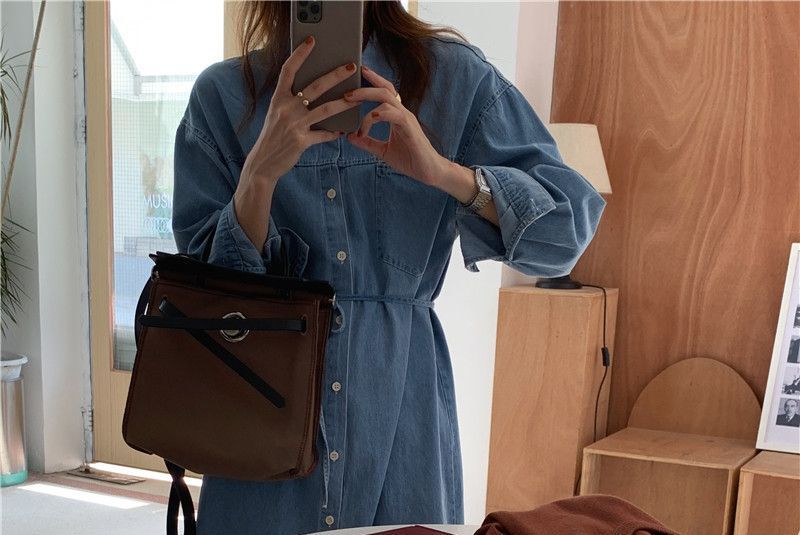 Leoom - Denim midi-jurk met lange mouwen