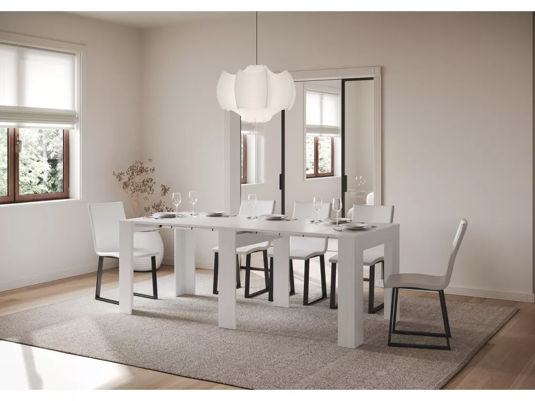 Console Extensible 90x25/211 cm Kiba Frêne Blanc rallonges internes