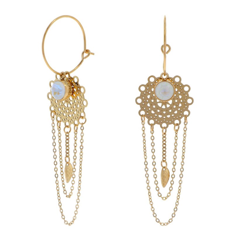 Boucles d'oreilles pendantes en acier dorées avec chaîne orné d'une pierre de crytal blanche