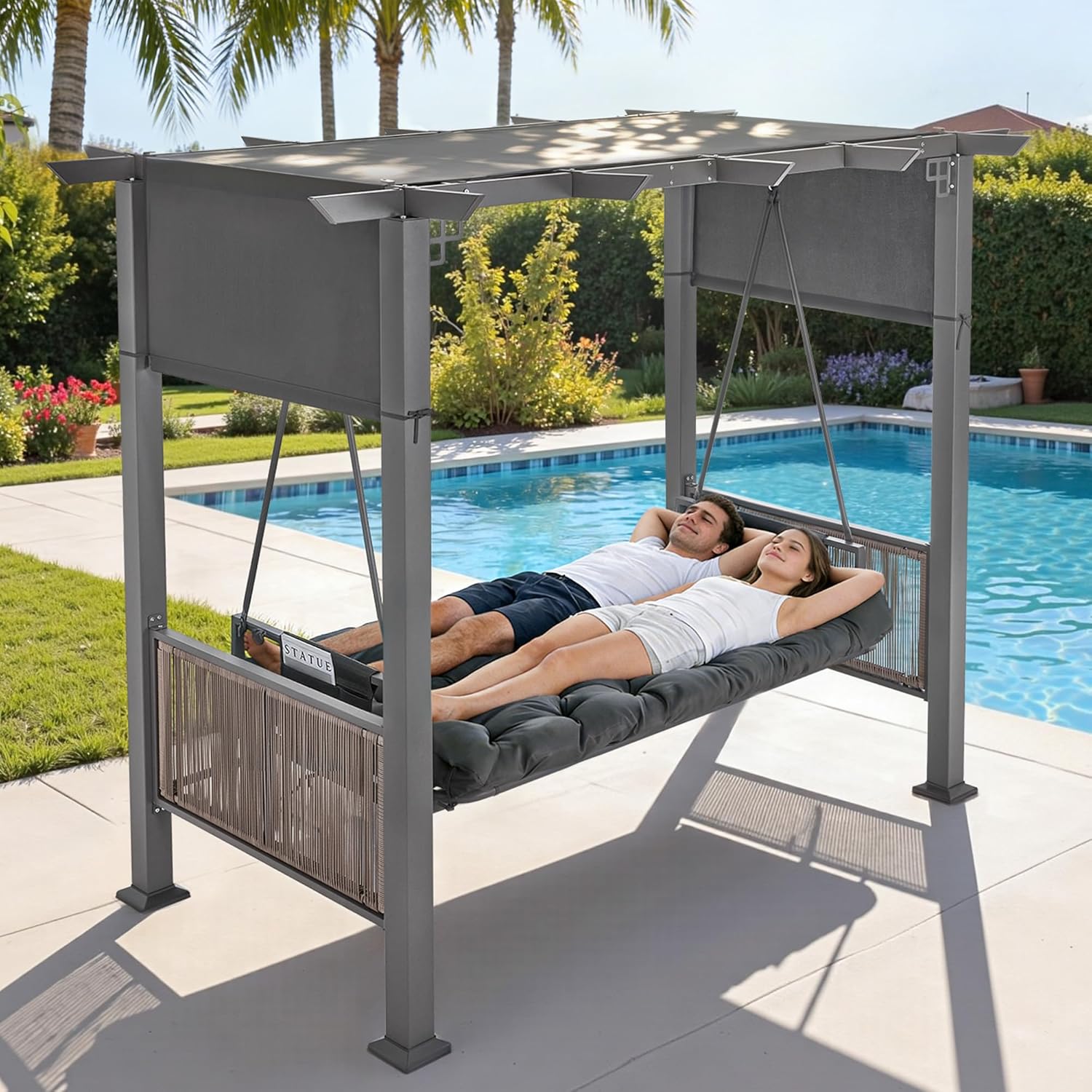 M MCombo 3-Sitzer Pergola Hollywoodschaukel mit Liegefunktion & Gartenpavillon, Gartenschaukel mit Ausziehbarem Sonnendach, 8CM Extradickem Sitzkissen & Silent-Haken, Schaukelbank 4067 (grau)
