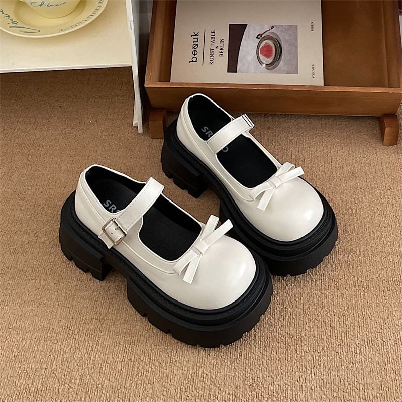 telijimi - Platform Mary Jane-schoenen met strikaccent en imitatieleer