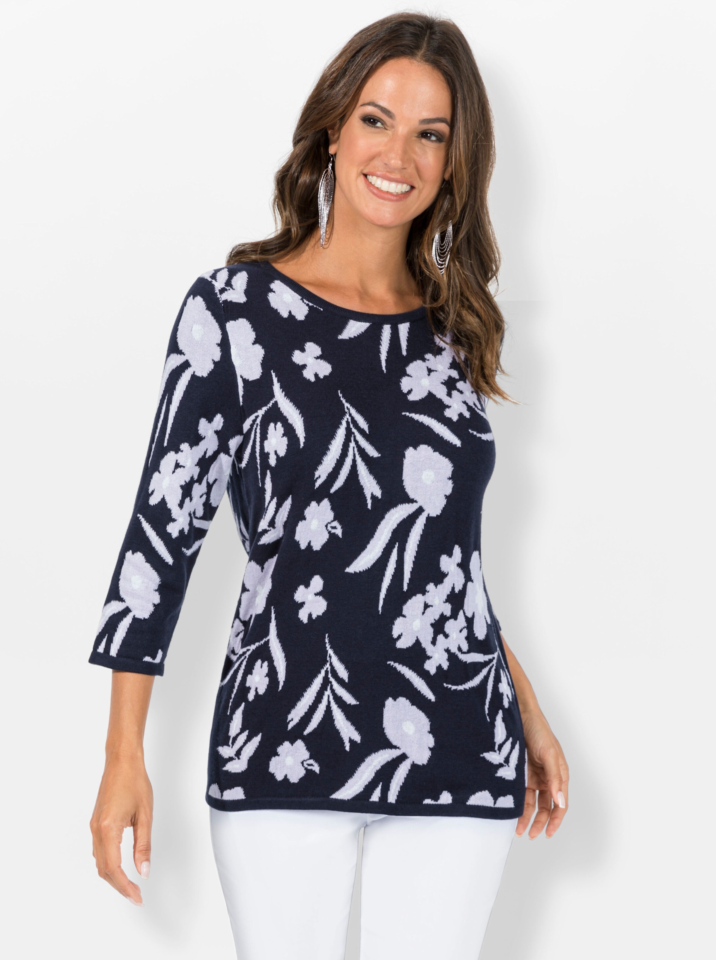 3/4 Arm-Pullover in marine-flieder-bedruckt