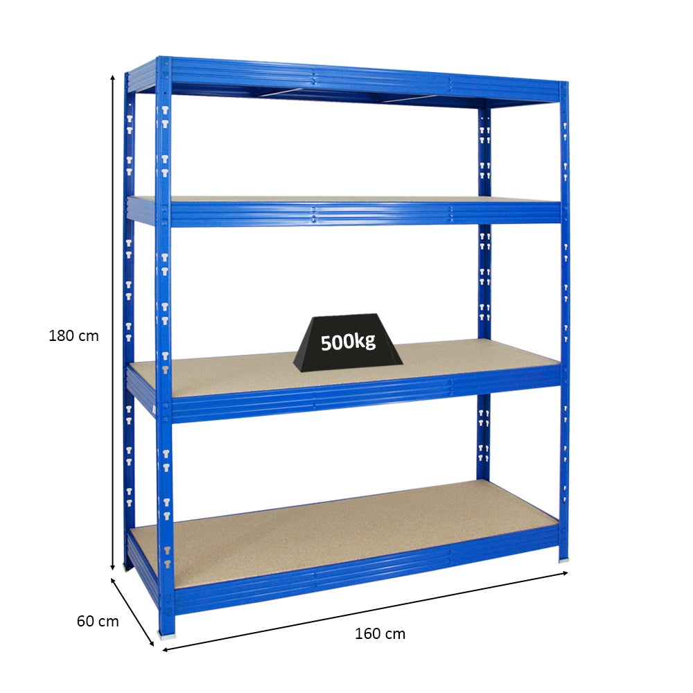 PROREGAL Professionele Heavy-Duty Stellingkast Rhino HxBxD 180 x 160 x 60 cm 4 Spaanplaat Planken 8mm Plank Draagvermogen 500 kg Blauw