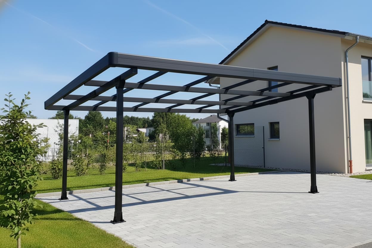 Doppelcarport Carport Gestell für 2 Autos mit Dachverkleidung + Regenrinne, Schwarz