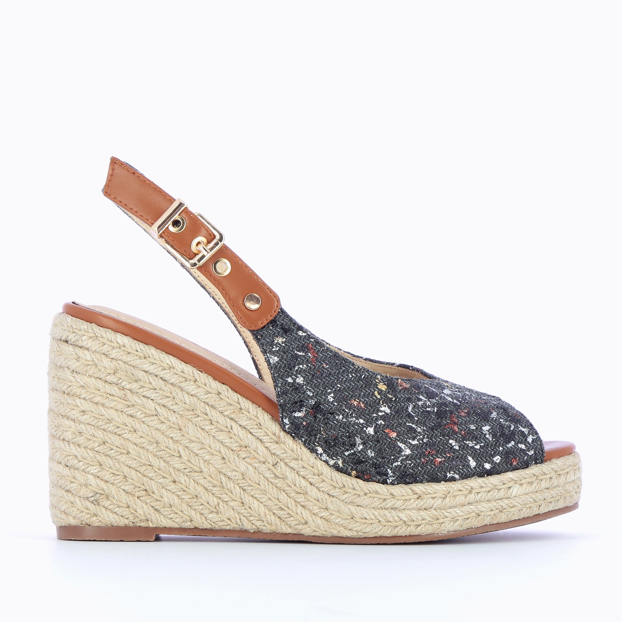 Sandales à talon, Compensées-Sandales compensées Gaëlle en tweed léopard anthracite