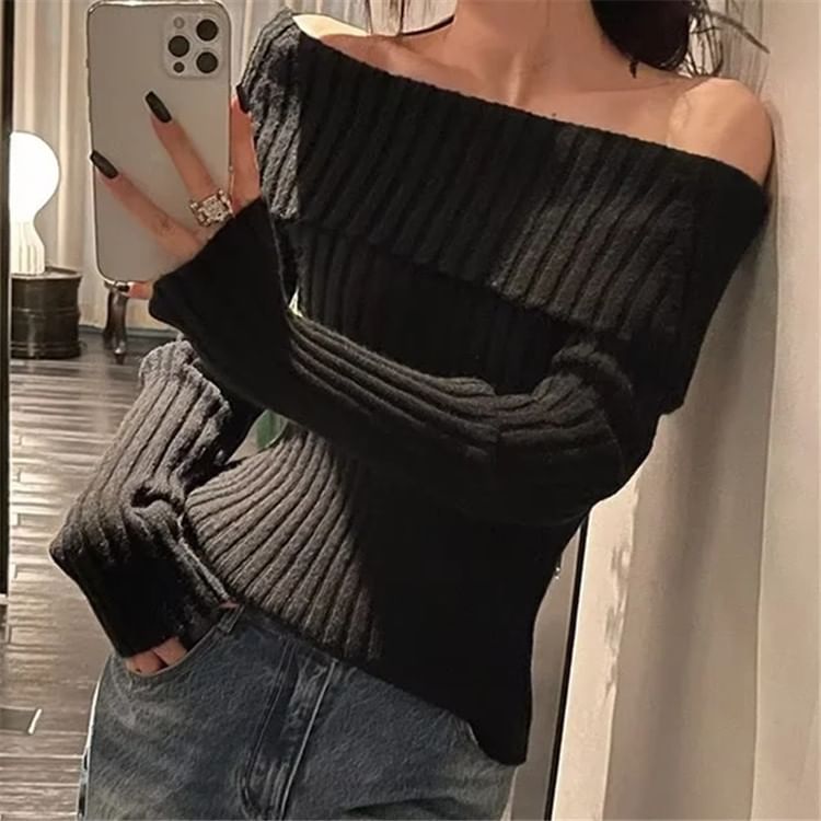 Asiris - Lange mouwen off-shoulder effen geribbelde trui