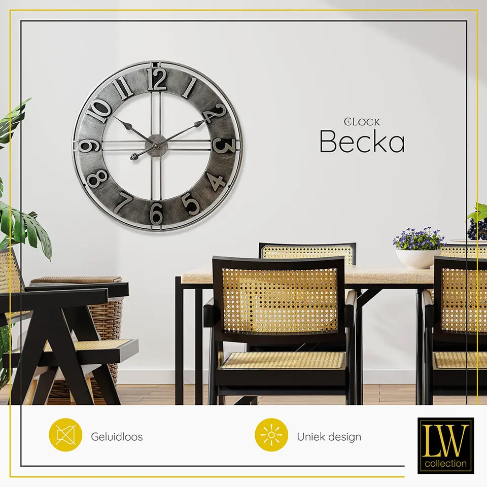 LW Collection Wandklok Becka grijs zilver 80cm