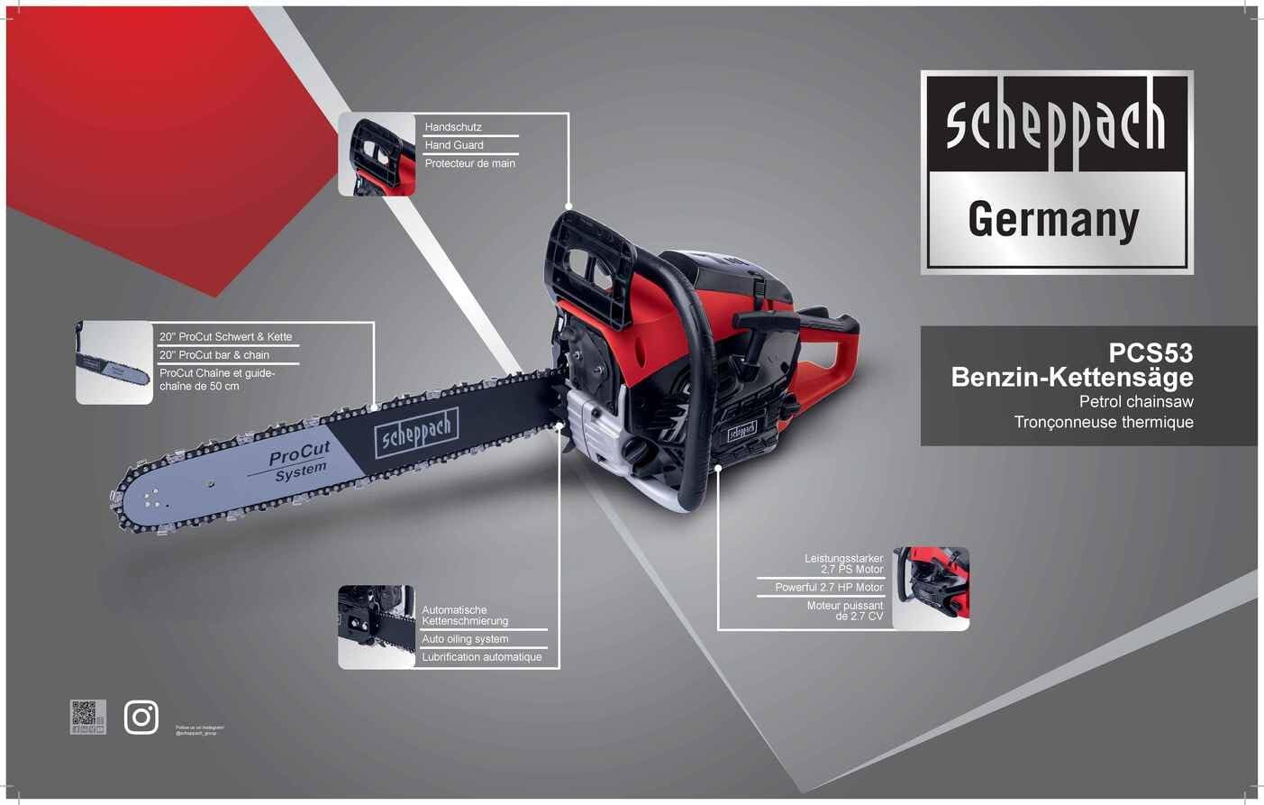 Scheppach Benzin Baumpflegesäge PCS53 Kettensäge mit 47cm Schnittdurchmesser | 2 Takt Benzinmotor 2,7PS Leistung | Schwertlänge 51cm | Hubraum 53cm³ | Automatische Kettenschmierung & Kettenbremse
