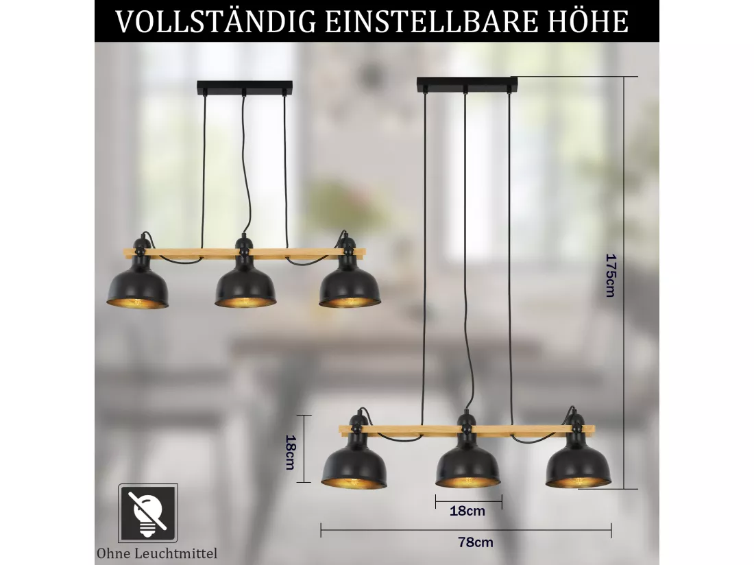 NETTLIFE Lampe suspendue vintage table à manger : 3 ampoules noir rétro industriel E27 MAX.40W