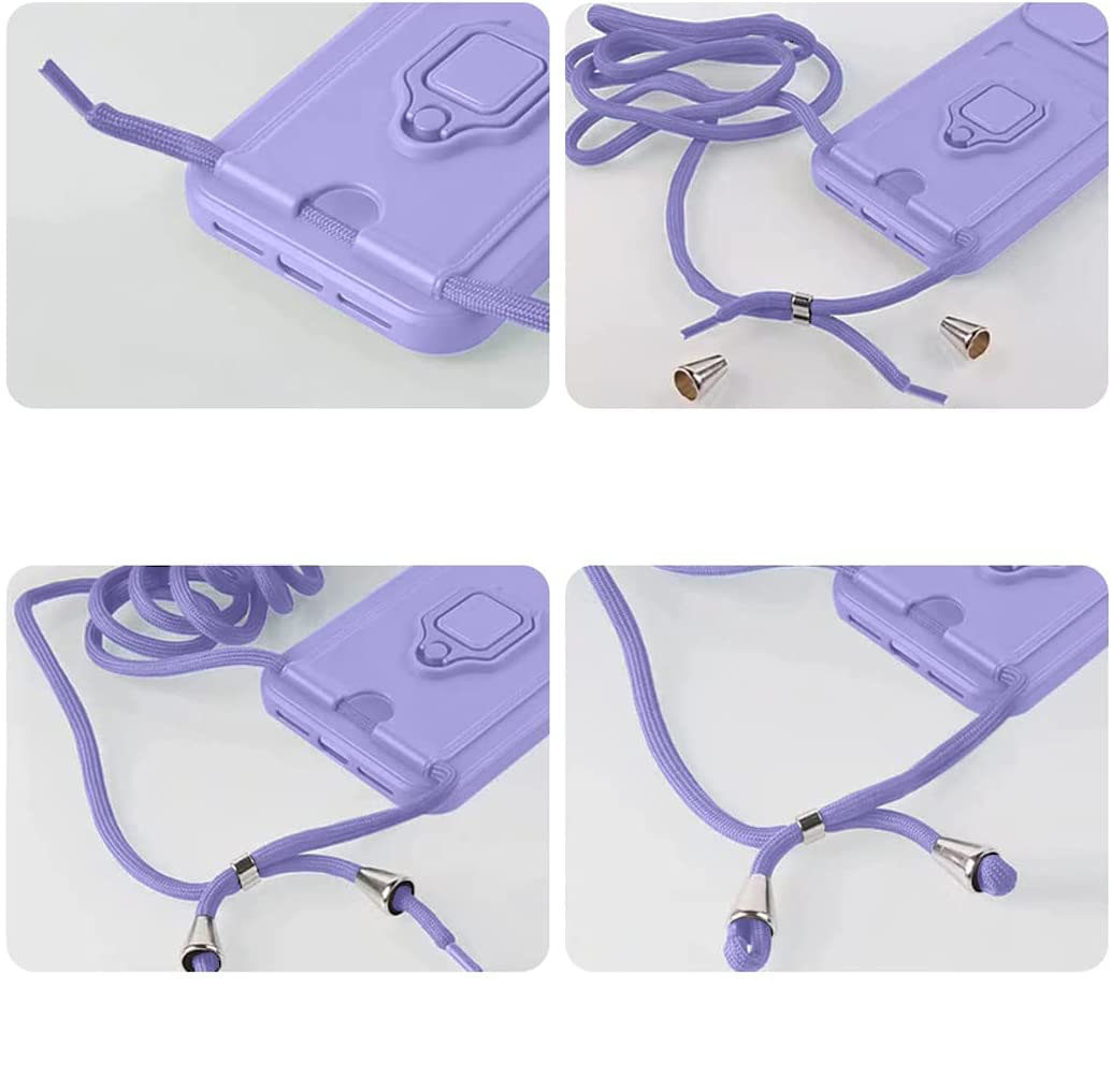 iPhone 14 Necklace Leder Hülle mit Kartenfach   Kickstand Haltering   Handykette (140cm)   Cam-Slider Kameraschutz - Lila