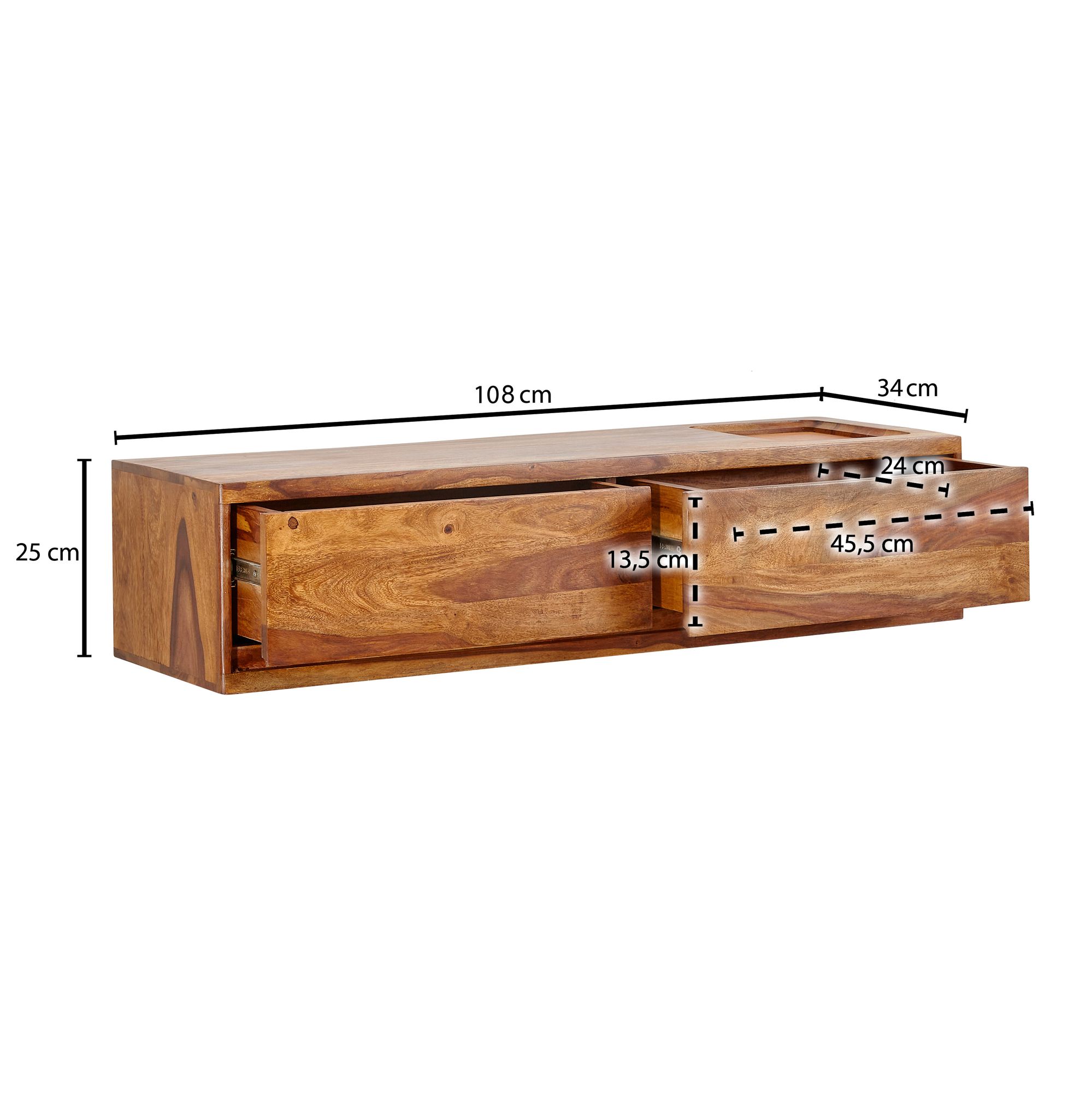 KADIMA DESIGN Massivholz Wand-Lowboard, Hochwertiges TV-Board aus Sheeshamholz, Modernes Design, 2 Schubladen
