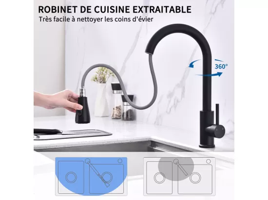 Mitigeur de Cuisine Noir avec Douchette Extractible Rotatif à 360 ° en Acier Inoxydable Robinet Cuisine d'Évier 2 Fonctions Mélangeur de Cuisine
