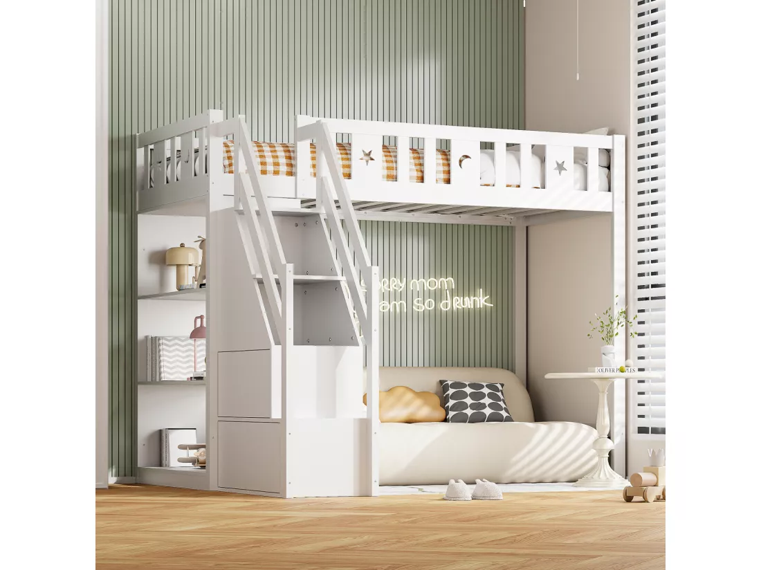 Lit mezzanine 90x200 cm, lit enfant avec avec échelle et étagères de rangement, antichute, structure en bois massif, blanc