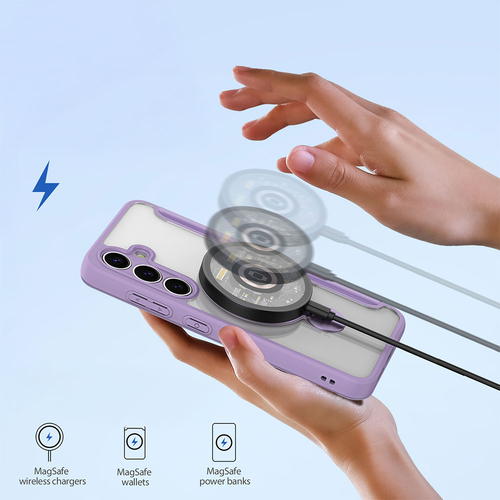 Samsung Galaxy S25 Hybrid Leder Tasche Kickstand Aufsteller   Kunststoff Rückseite MagSafe-Modul - Lila / Transparent