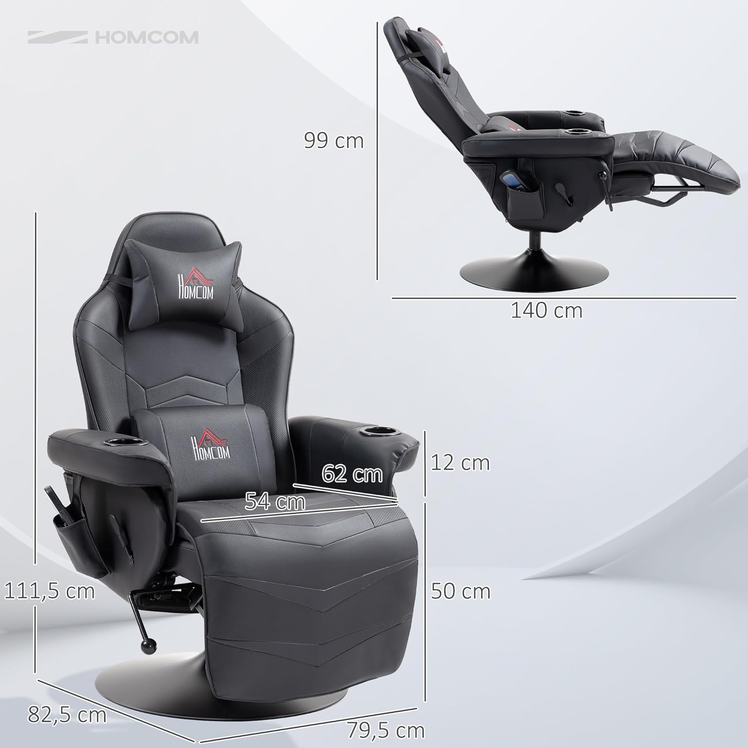 HOMCOM Relaxsessel Elektrisch Fernsehsessel Massagesessel mit Liegefunktion Massage 360° Drehbarer TV Sessel mit Fernbedienung, Becherhalter Seitentasche, für Wohnzimmer Kunstleder Schwarz