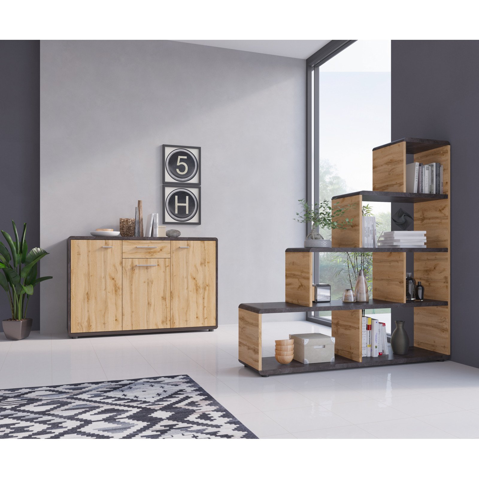 Kommode Trevi Dekor Beton-Optik dunkel Wotaneiche 131 x 87 x 40 cm