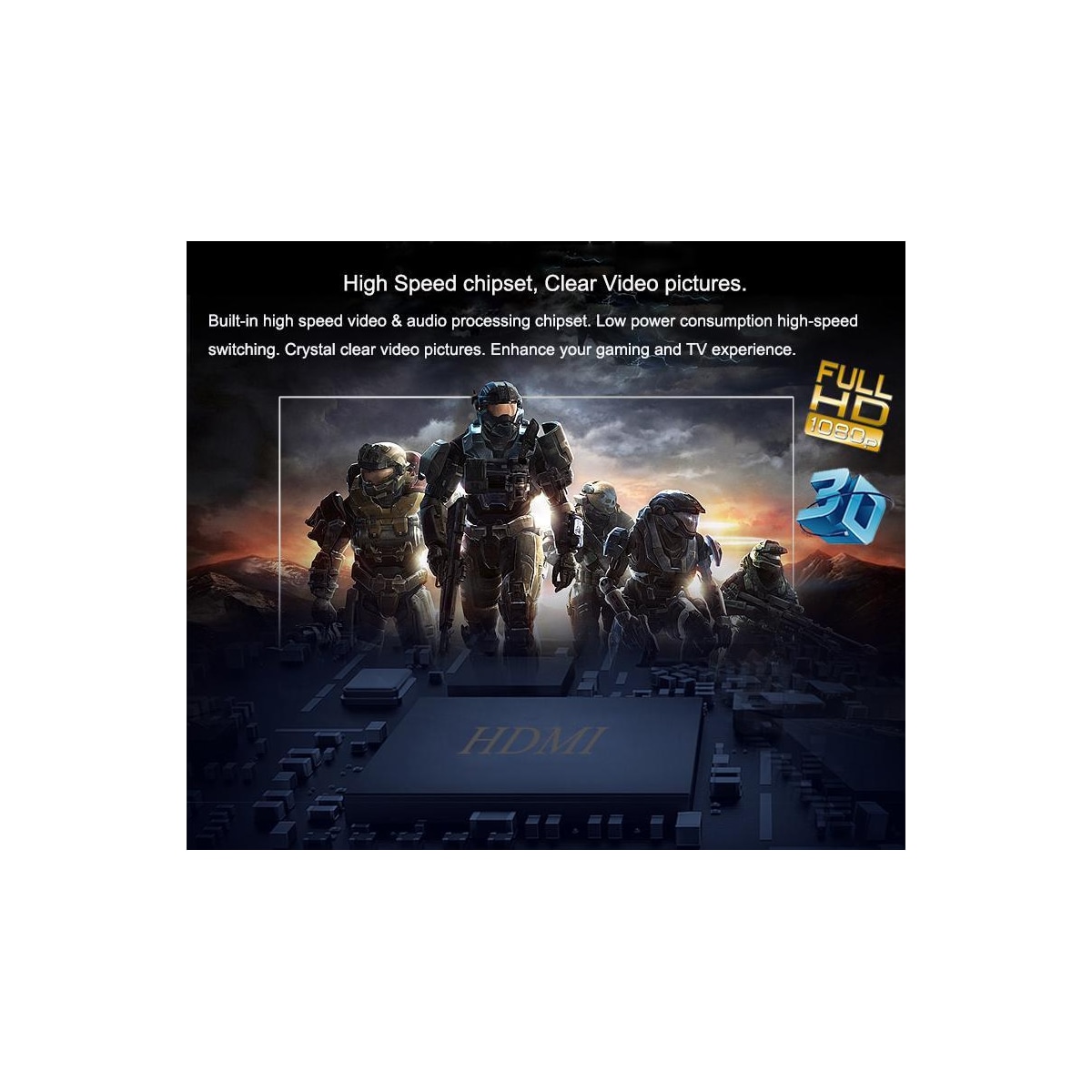 HDMI 4x1 koblingsboks og lyddeler UHD 4K 3D HDMI 2.0 ARC Toslink + RCA