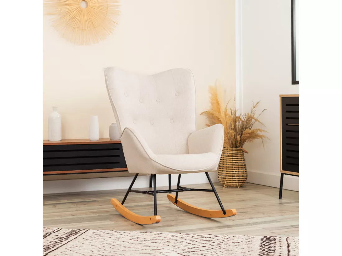 MEUBLES COSY Fauteuil à Bascule Allaitement Rocking Chair Scandinave Chaise Loisir Revêtement en Tissu avec Pieds en Bois Massif pour Salon, Chambre, Le balcon, Beige