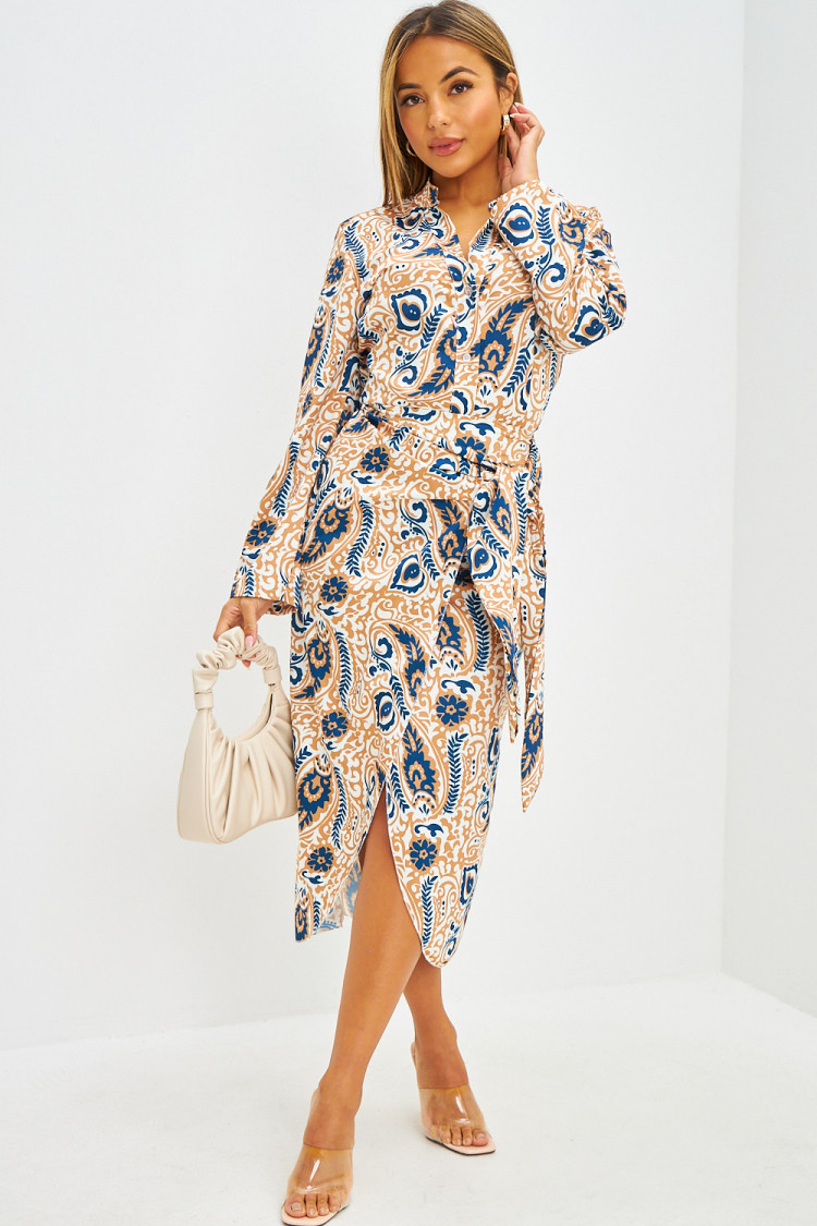 Ensemble chemise + jupe à motif Paisley camel et bleu