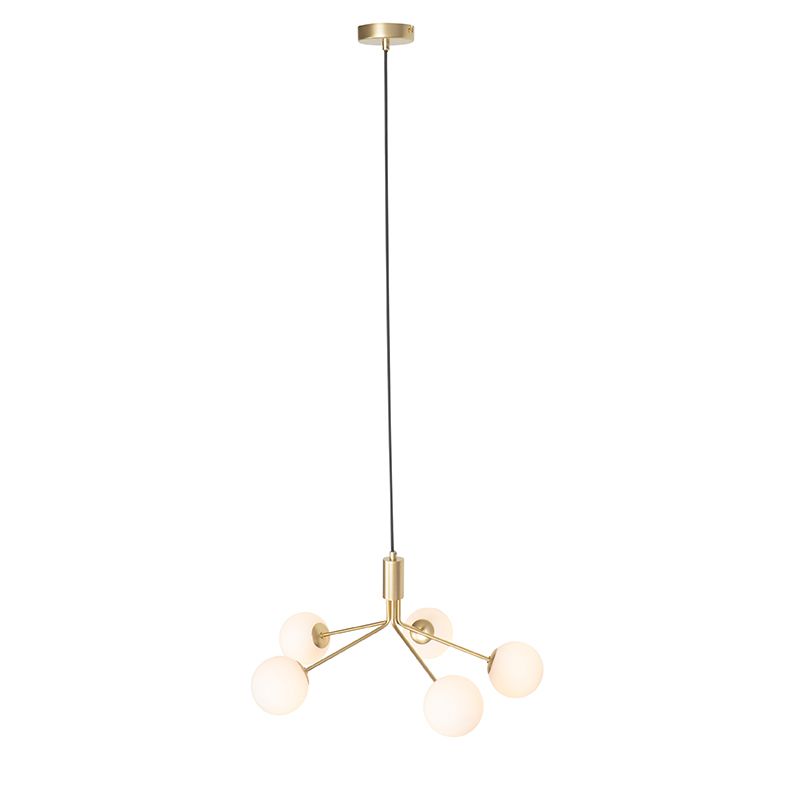 Art Deco hanglamp goud met opaal glas 5-lichts - Coby