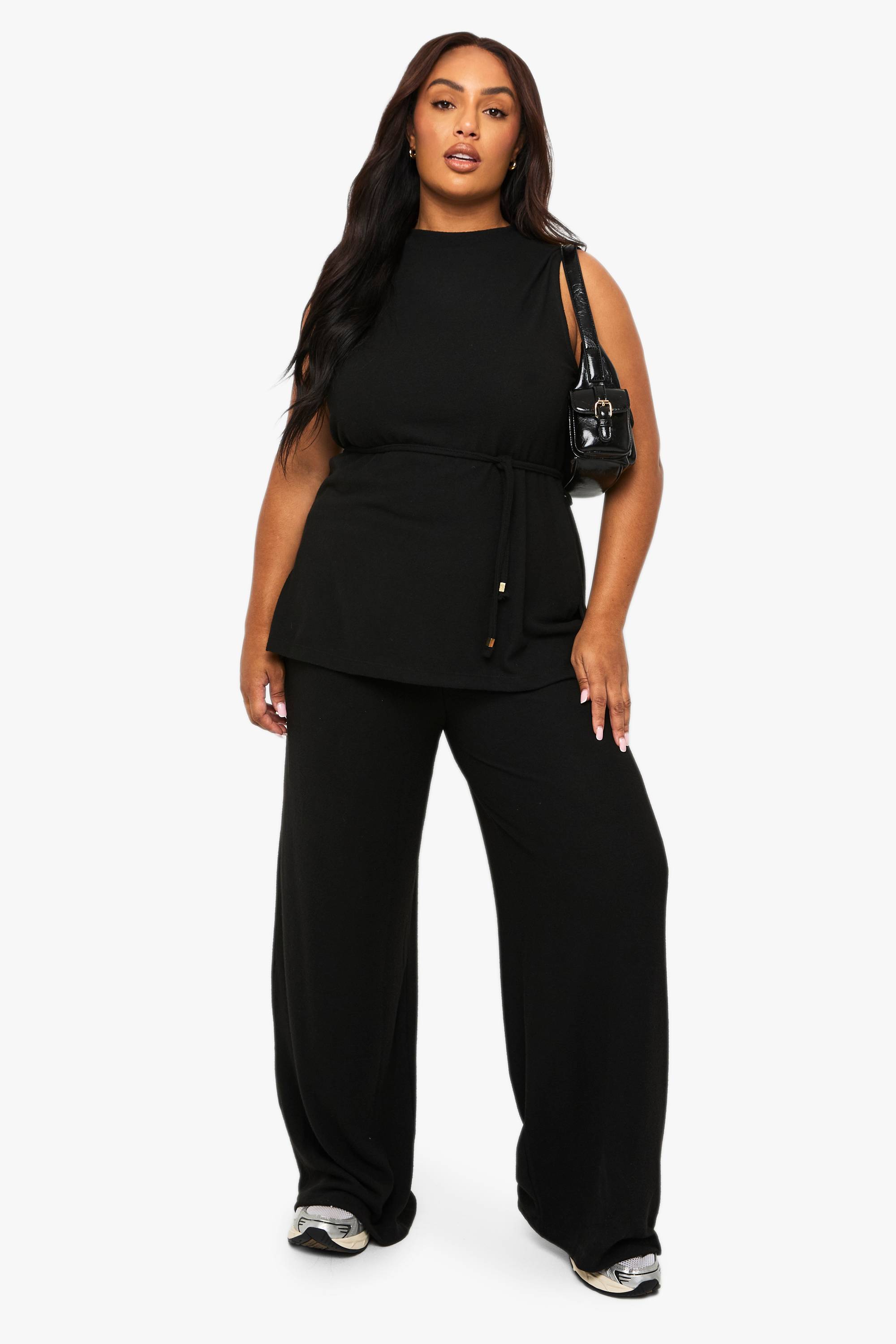 boohoo Ensemble Grande Taille Tunique Brossée Avec Ceinture À Nouer Et Pantalon Large