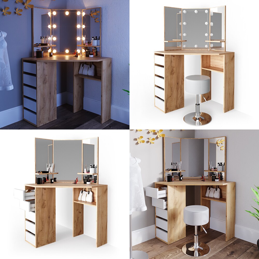 Vicco Eckschminktisch Frisiertisch Schminkkommode Arielle Eiche Weiß Spiegel 110x145 cm modern Schlafzimmer Kommode Schublade Ablage Aufbewahrung Kosmetiktisch Schminkkonsole Make-Up-Tisch