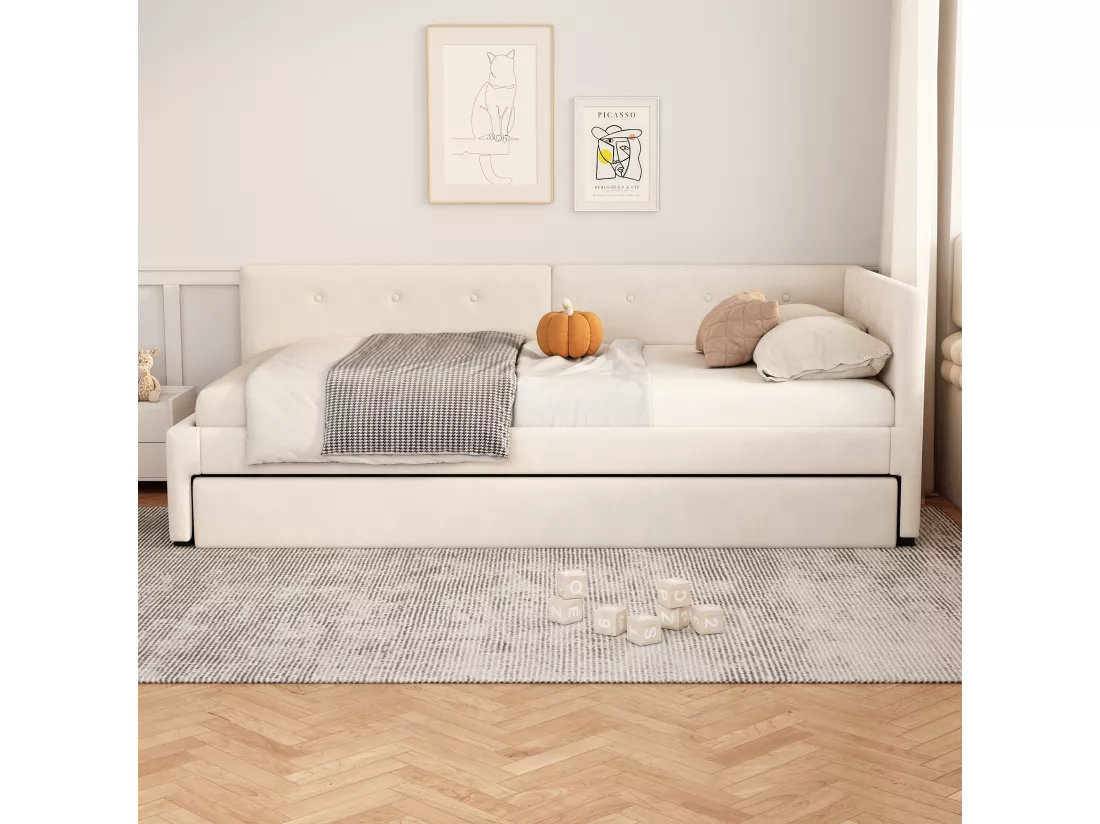 Lit gigogne 140 x 200 cm + 90 x 190 cm avec tête de lit - velours - beige