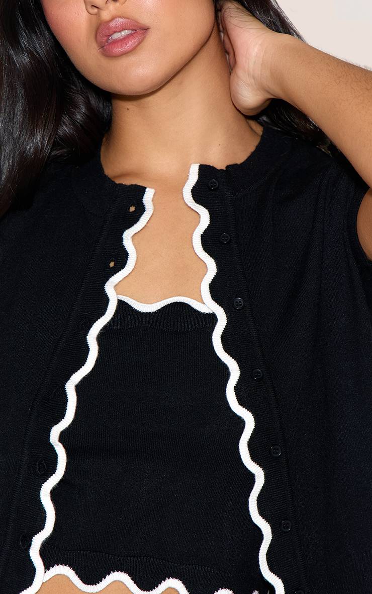 Noir Cardigan Ajusté En Maille Douce À Bordure Festonnée Contrastante