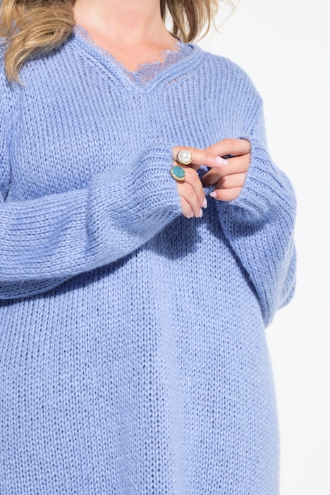 Pullover, Classic Fit, Grobstrick, Ausschnitt mit Spitze